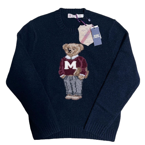 Navy blue sweater with a bear graphic and Polo Ralph Lauren tag on a textured white background
