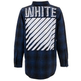 Blue plaid shirt with 'WHITE' text on the back against a white background