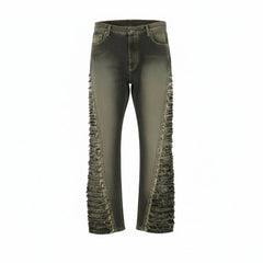 Green jeans with ruffled details on a white background