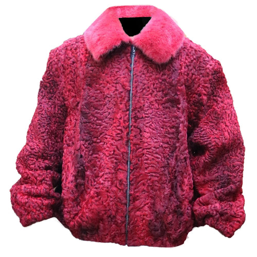 Red fluffy jacket with a collar on a white background