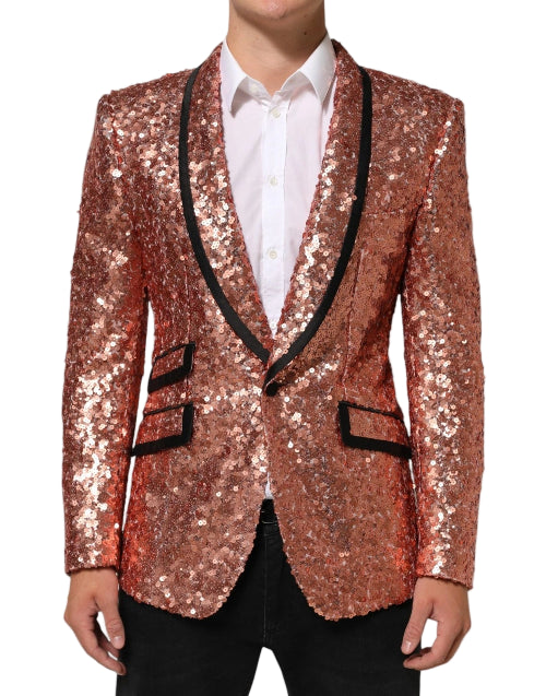 Rose gold sequin blazer with black lapels on a white background
