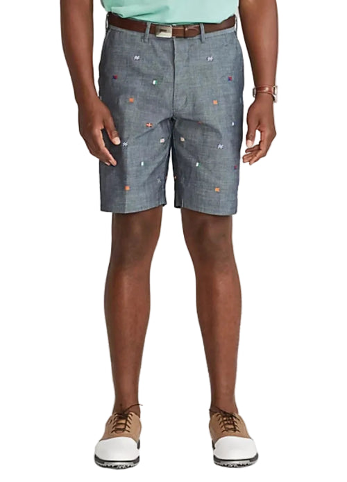 Person wearing gray shorts with colorful accents on a white background