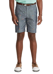 Person wearing gray shorts with colorful accents on a white background