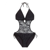 A black lace halter neck one-piece swimsuit with side-tie bottoms, shown flat against a solid white background.
