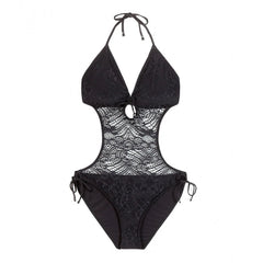 A black lace halter neck one-piece swimsuit with side-tie bottoms, shown flat against a solid white background.