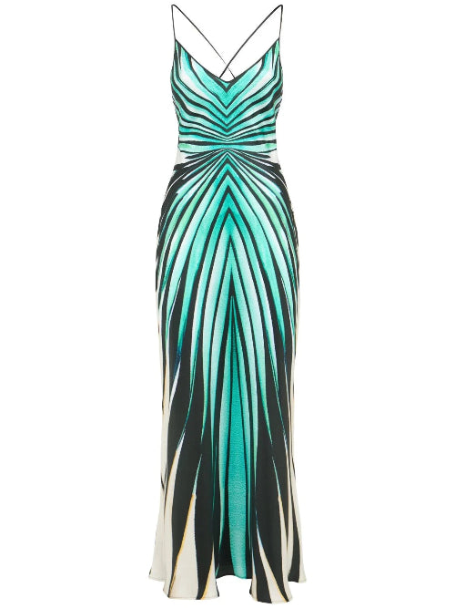 Long dress with green and black striped pattern on a white background