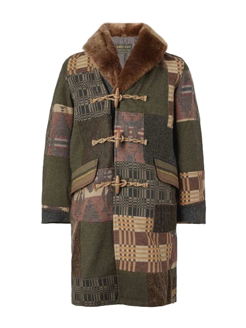 Patchwork coat with brown fur collar on a white background