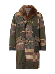 Patchwork coat with brown fur collar on a white background