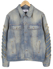 Denim jacket with decorative elements on a white background