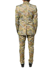 Back view of a person wearing a camouflage suit on a white background.