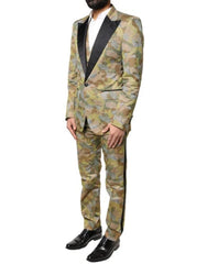 Camouflage-patterned suit with black lapels and shoes on a white background.