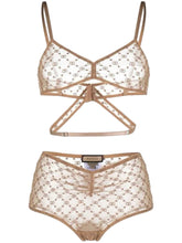 A Gucci GG Star Tulle Lingerie Set in nude color, consisting of a bralette and matching shorts, both covered in a star pattern.