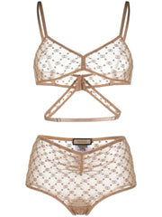 A Gucci GG Star Tulle Lingerie Set in nude color, consisting of a bralette and matching shorts, both covered in a star pattern.