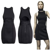 Black sleeveless dress with cutout design on a plain background