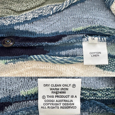 Close-up of a patterned fabric with a Coogi Australia label and care instructions.