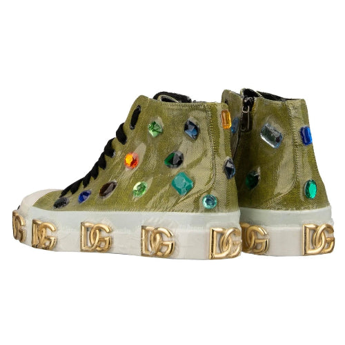 Green high-top sneakers with colorful gemstones and gold accents on a white background