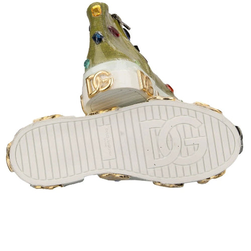 Sneaker with a white sole featuring a logo on a white background