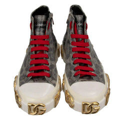 Gray high-top sneakers with red laces and gold accents on a white background