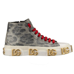 Gray high-top sneaker with red laces and gold logo on a white background