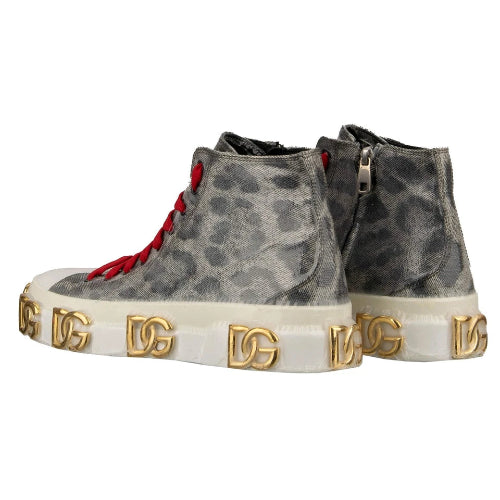 Gray high-top sneakers with red laces and gold logos on a white background