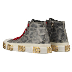 Gray high-top sneakers with red laces and gold logos on a white background