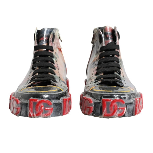 Pair of high-top sneakers with transparent soles and red and black text on a white background