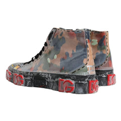 Camouflage-patterned high-top sneaker with red accents on a white background