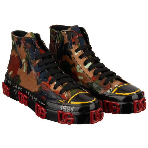 Camouflage high-top sneakers with black and red accents on a white background
