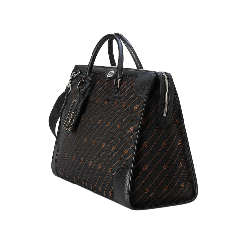 Black handbag with a subtle pattern on a light gray background