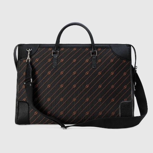 Black briefcase with orange diagonal pattern on a light gray background