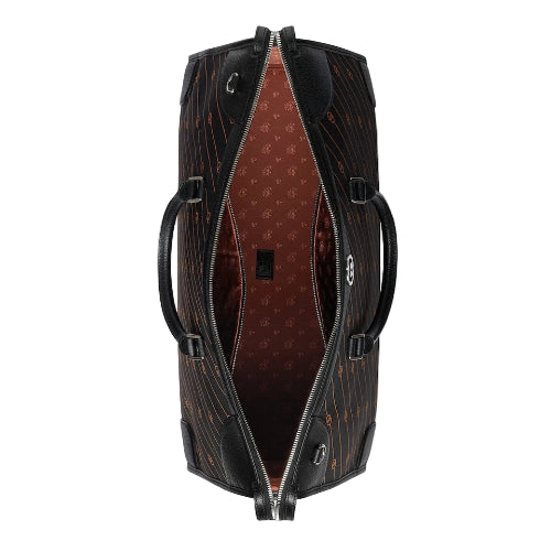 Black leather duffel bag with brown interior on a light gray background