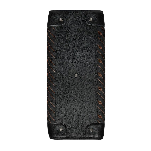 Black leather phone case with red stitching on a light gray background