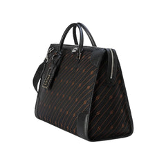Black handbag with a subtle pattern on a light gray background