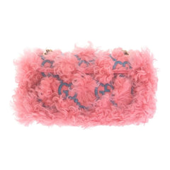 Pink fluffy pouch with blue logo on a white background