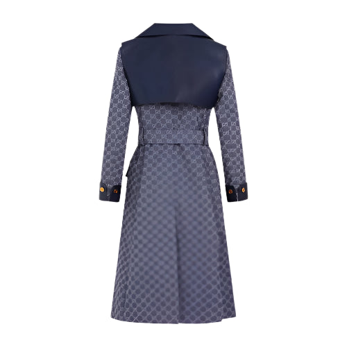 Navy blue and patterned coat on a light gray background