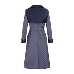 Navy blue and patterned coat on a light gray background