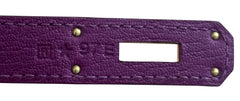 Close-up of a purple leather strap with gold studs and a brand logo.