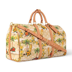 Travel duffel bag with tropical pattern and brown leather straps on a white background