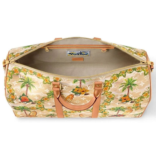 Duffel bag with tropical pattern and visible brand logo on a white background