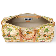 Duffel bag with tropical pattern and visible brand logo on a white background