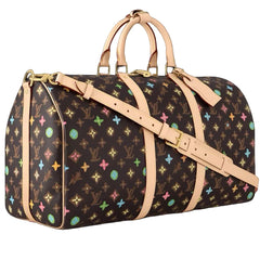 Designer handbag with multicolor pattern on a dark background