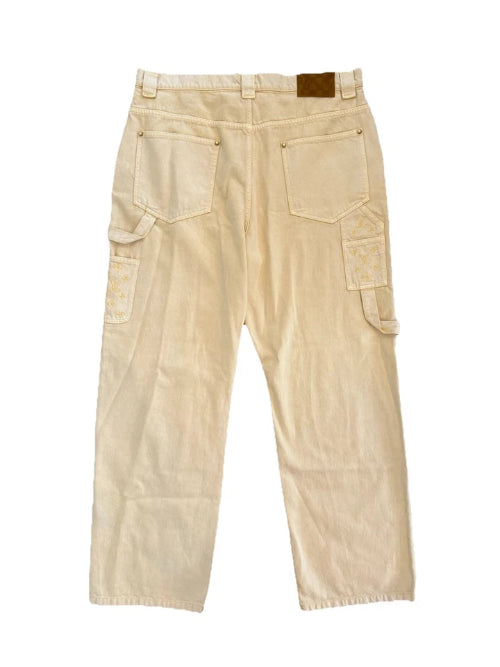 Beige cargo pants with a brown belt on a white background