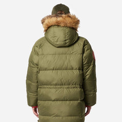 Green puffer jacket with fur-lined hood on a white background