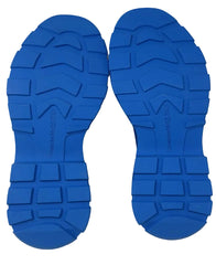 A pair of blue rubber shoe soles shown from above on a white background, featuring deep tread patterns and embossed branding.