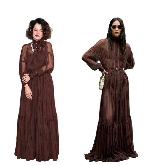 A side-by-side comparison of a woman modeling a long, flowing brown dress in front of a green backdrop. The left side shows a smaller, lower-resolution view, while the right side shows a larger, clearer view of the same dress.