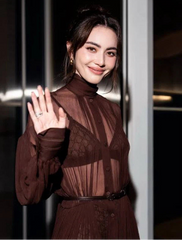 A woman wearing a dark brown sheer long-sleeve dress with a high neck and pleated details, waving to the camera in an indoor setting.