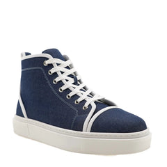 A navy blue high-top canvas sneaker with white laces and a thick white rubber sole, shown from a three-quarters angle against a white background.