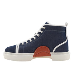 A navy blue high-top sneaker with white stripes on the side, a white rubber sole, and a contrasting orange heel accent, shown against a plain white background.