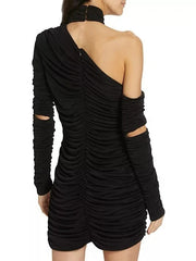 Black one-shoulder dress with cut-out details on a white background