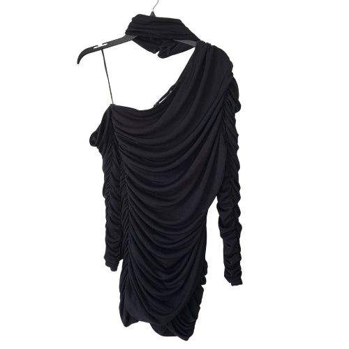 Black one-shoulder dress on a hanger against a white background